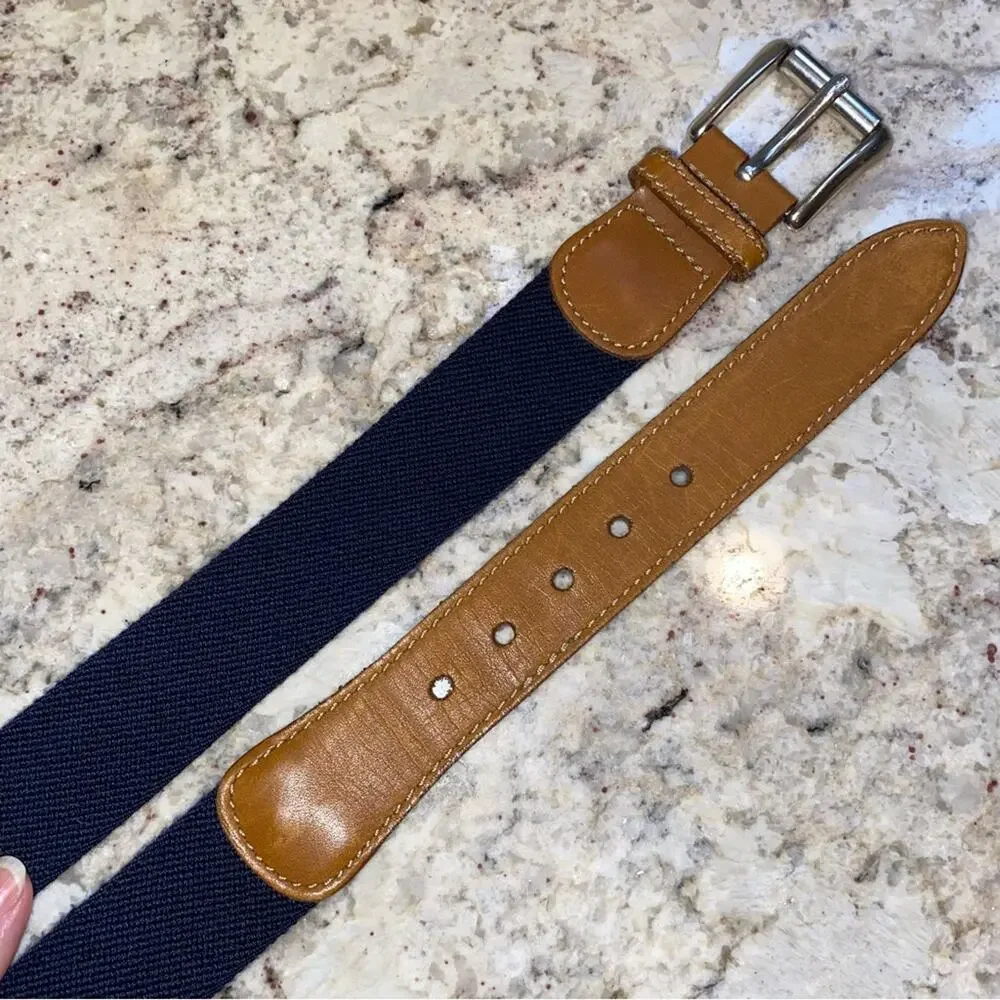 LL Bean $69 Leather Stretch Canvas Silver Mens Preppy Belt Fits XL 48”-51” EUC